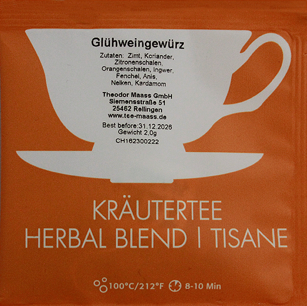 Kraeutertee Gluehweingewuerze im Teebeutel